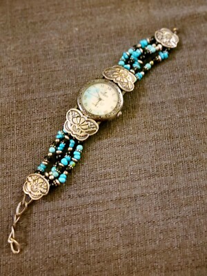 Peyote Bird Watch with Beaded Bracelet Peyote Bird Turquoise Face Watch with Turquoise and Silver  main image 4