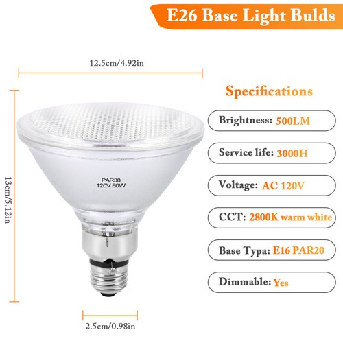 2/4 Pack PAR38 Outdoor Flood Light Bulb 500 Lumens LED Bulbs 2800K Dimmable - Picture 2 of 14