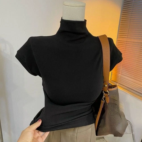 Mujeres Top Mangas Cortas Camiseta Cuello de Tortuga Calce Ajustado Blusa Parte Inferior - Imagen 6 de 25