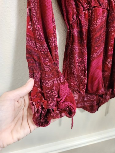 Boho Romper Women Size Medium Maroon Red Floral Long Sleeve Casual - Picture 5 of 8