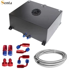 20 GALLON BLACK ALUMINUM FUEL CELL GAS TANK+CAP+LEVEL SENDER+STEEL FUEL LINE KIT