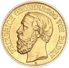 Baden Friedrich I. 10 Mark 1872 G Gold f. vz/vz Jäger 183