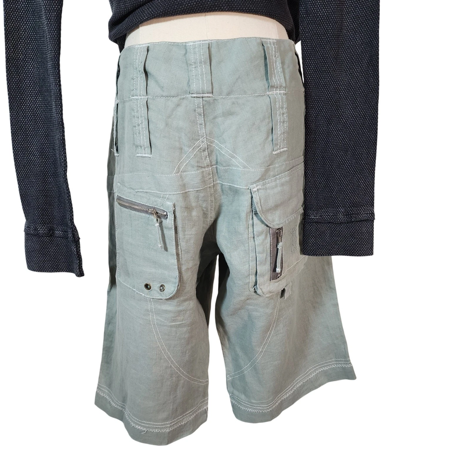 Pete & Greta Unisex Linen Cargo Shorts Olive Green Zipper Pockets Size 6