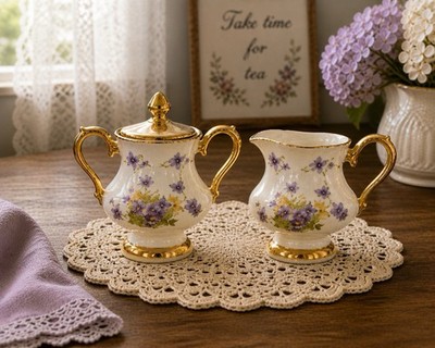 Vintage Floral Creamer Sugar Bowl Set Gold Trim Cottage Tea Set Shabby Chic