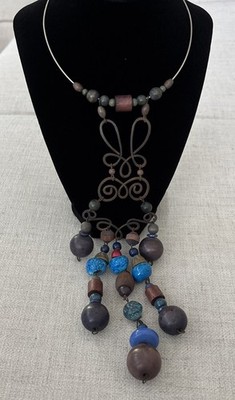 Vintage Bohemian-style Artisan Made Pendant Necklace Mixed Materials Statement