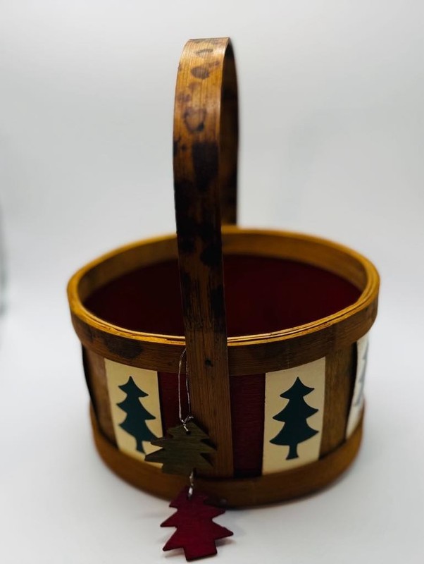 Vintage Wooden Basket Holiday Decor Red and Green Christmas Trees