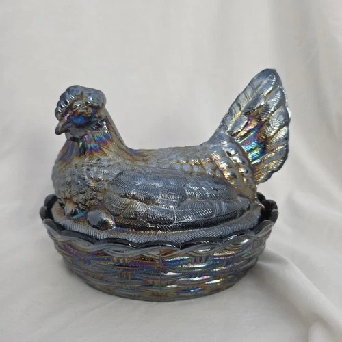 Vintage Carnival Glass  Hen On Nest  Amethyst Black Purple Iridescent.