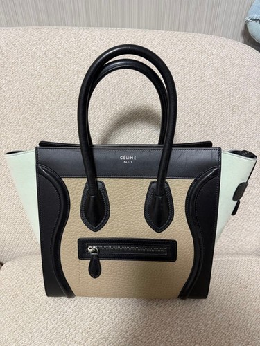 CELINE Luggage Medium Tote Bi-color Beige Black Leather Front Pocket