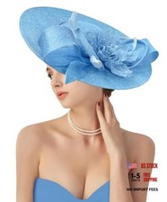 Church Fascinator Derby Hats for Women,20s 50s Linen Vintage Derby Light Blue