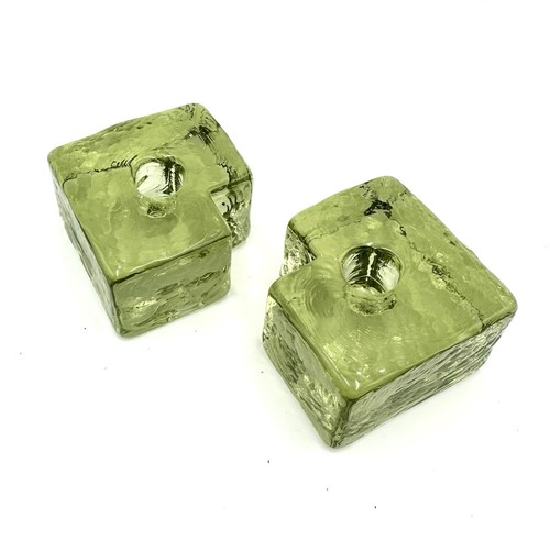 Vtg Green Recycled Art Glass Candle Holders SET of 2 Cube Geometric - Picture 1 of 8