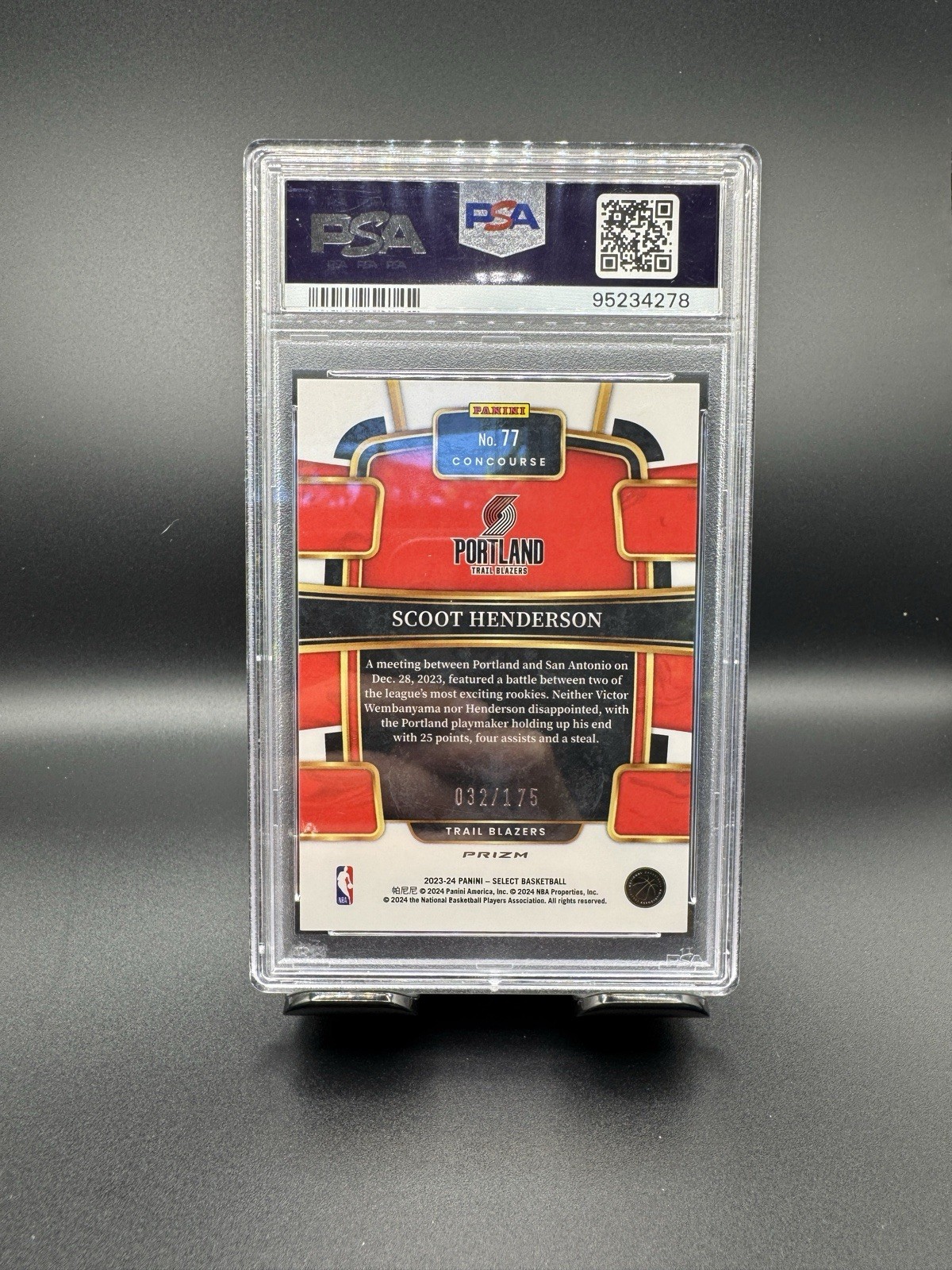 Panini 2023-24 Select Concourse Scoot Henderson #77 Maroon Prizm /175 RC PSA 10 view 2