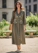 Ultra Dress Floral Embroidered Button-Down Midi Dress 10 Rayon Green Vintage