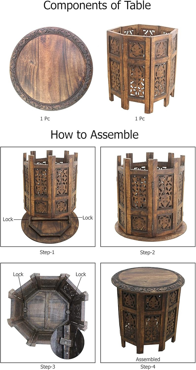 Solid Wood Accent End Table - Hand Carved Vintage Boho Folding Side Table - Smal