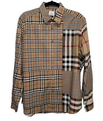 Authentic Burberry Men's Patchwork Nova Check Long Sleeve Button