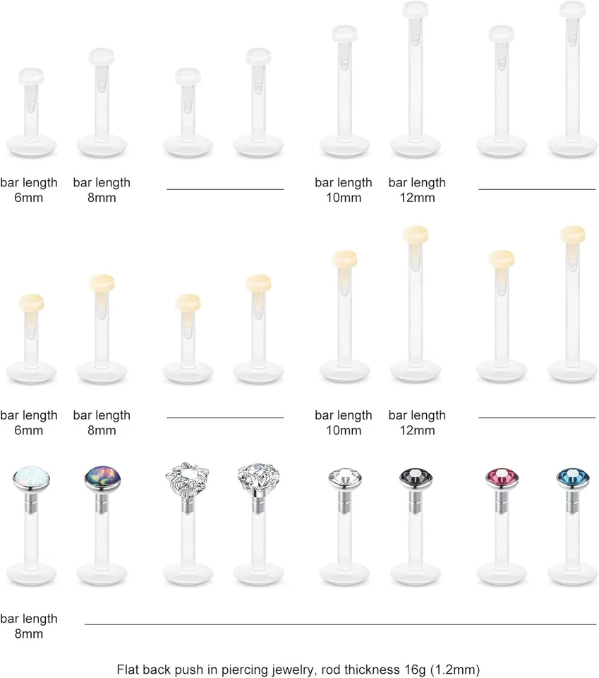 Pendientes de plástico transparente 16G para cirugía deportiva de trabajo, Bioflex espalda plana push in Pi Foto 2 de 4