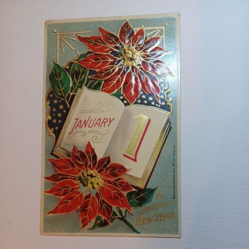 1916 Postcard New Year Embossed Greeting Poinsettias Calendar January 1 Heymann
