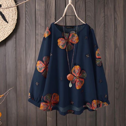 UK 8-24 Womens Long Sleeve O Neck Printed Tops Tee Shirts Tunic Blouse T-Shirt - Picture 30 of 58
