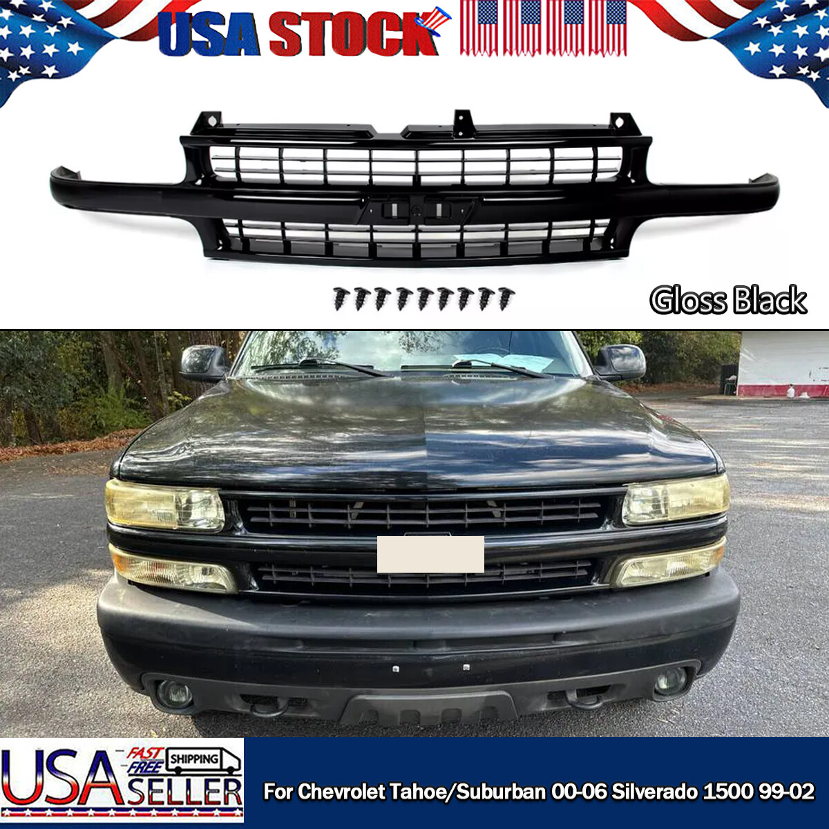 FRONT UPPER GRILLE GLOSS BLACK FIT 2000-06 TAHOE/ SUBURBAN 99-02 SILVERADO 1500