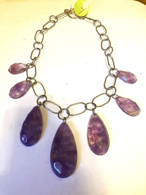 Chloe Laclau Genuine Amythyst Necklace Purple Stones on Silver Chain 26'' L NEW