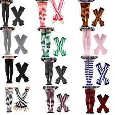 Women Girls Thigh High Long Socks Arm Warmer Fingerless Gloves Set Solid Color