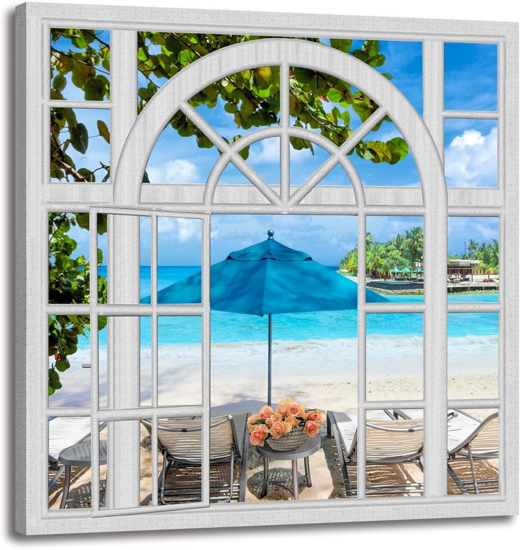 Canvas Wall Art Fake Window Beach Picture Ocean Print Natural Landscape Decor