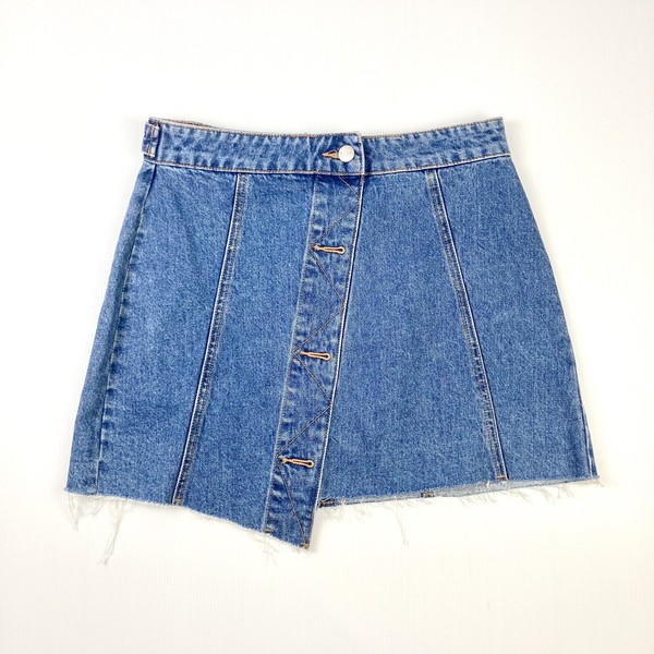 NEUW Blue Washed Denim A-Line Short Skirt Size 10 W29 Cut Off Back Zip As New