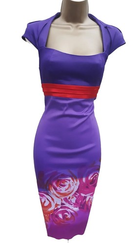 10 UK KAREN MILLEN PURPLE FLORAL ROSE PRINT GALAXY PENCIL DRESS Cocktail Races - Picture 3 of 6