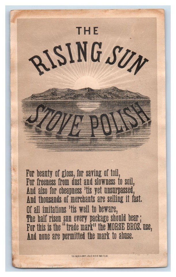 1881 Two Part Folder Card Rising Sun Stove Polish Morse Bros Factory