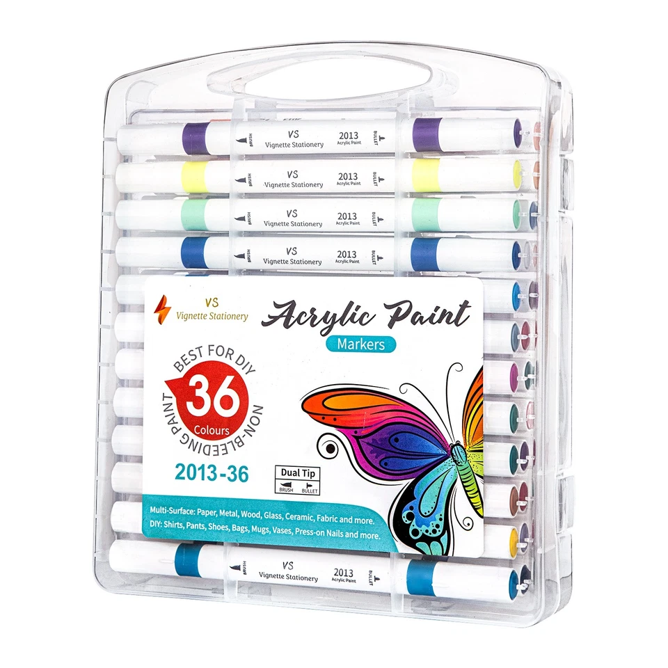 36x Acrylic Paint Drawing Pens Brush & Fine Dual Nib Markers DIY Artist Kid Gift