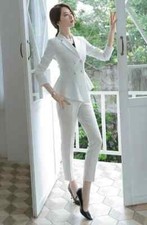 Tailleur completo donna bianco elegante giacca manica lunga pantalone 4882