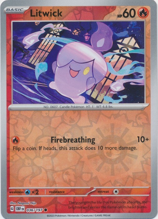 Reverse Holo Litwick 036/197 Common Obsidian Flames Pokemon TCG