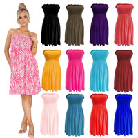 WOMENS LADIES STRAPLESS SHEERING BOOB TUBE GATHER BANDEAU TOP SUMMER MINI DRESS