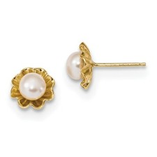 Real 14kt Yellow Gold 5-6mm White Button Freshwater Cultured Pearl Post Earrings