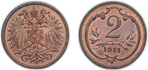 Austria 1911 2 Heller Bronze UNC