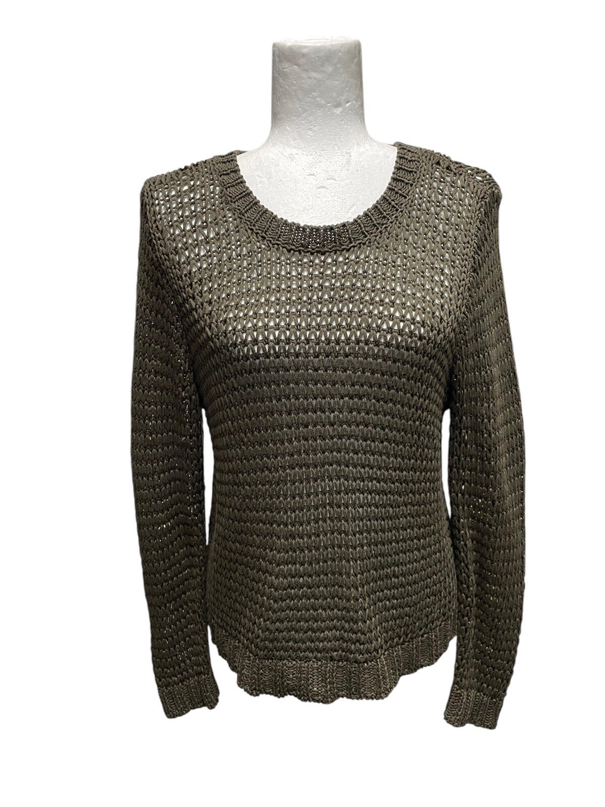 Eileen Fisher Chunky Knit Crew Neck Sweater Olive Green Organic Cotton Small