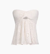 Micas Knot Front Knit Embrodered Tube Top Beige M NWT Free Ship