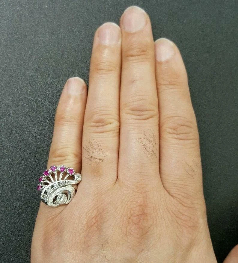 Vintage 925 Solid Silver 1.15CT Old Cut Cubic Zirconia & Pink Ruby Cluster Ring - Image 2 of 4