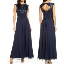 Eliza J Navy Blue Sequin Lace Bodice Sleeveless Chiffon Maxi Dress Size 6
