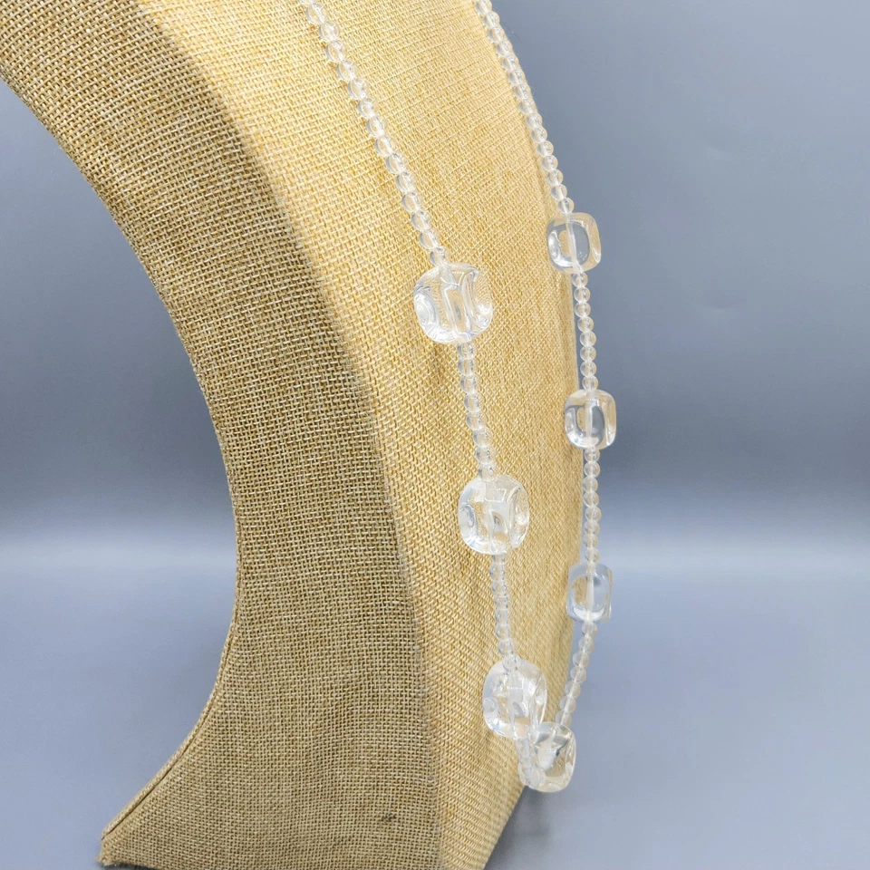 Vintage Clear Lucite Ice Cube Square Dimpled Round Bead Necklace 34" - Image 4 of 4