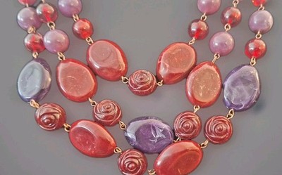 Vintage Robert Rose Necklace Purple Burgundy Triple Beaded 16'' Womens Jewelry 