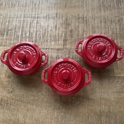 Staub Ceramic Mini Round Cocotte Set 3-Piece, Cherry, 4-inch