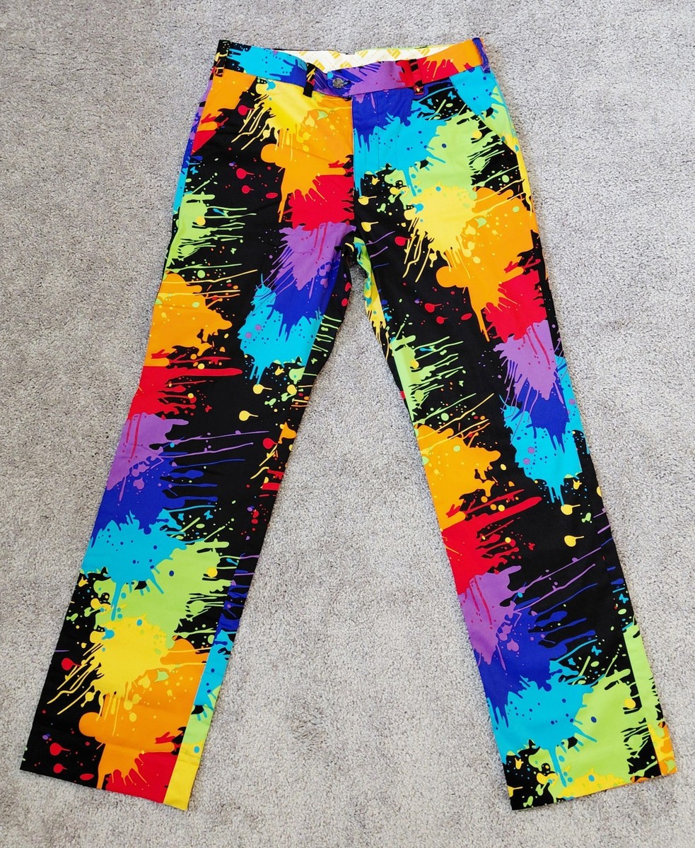 Loudmouth Pants Mens 34 x 34L Neon Black Paint Splatter Golf Loud