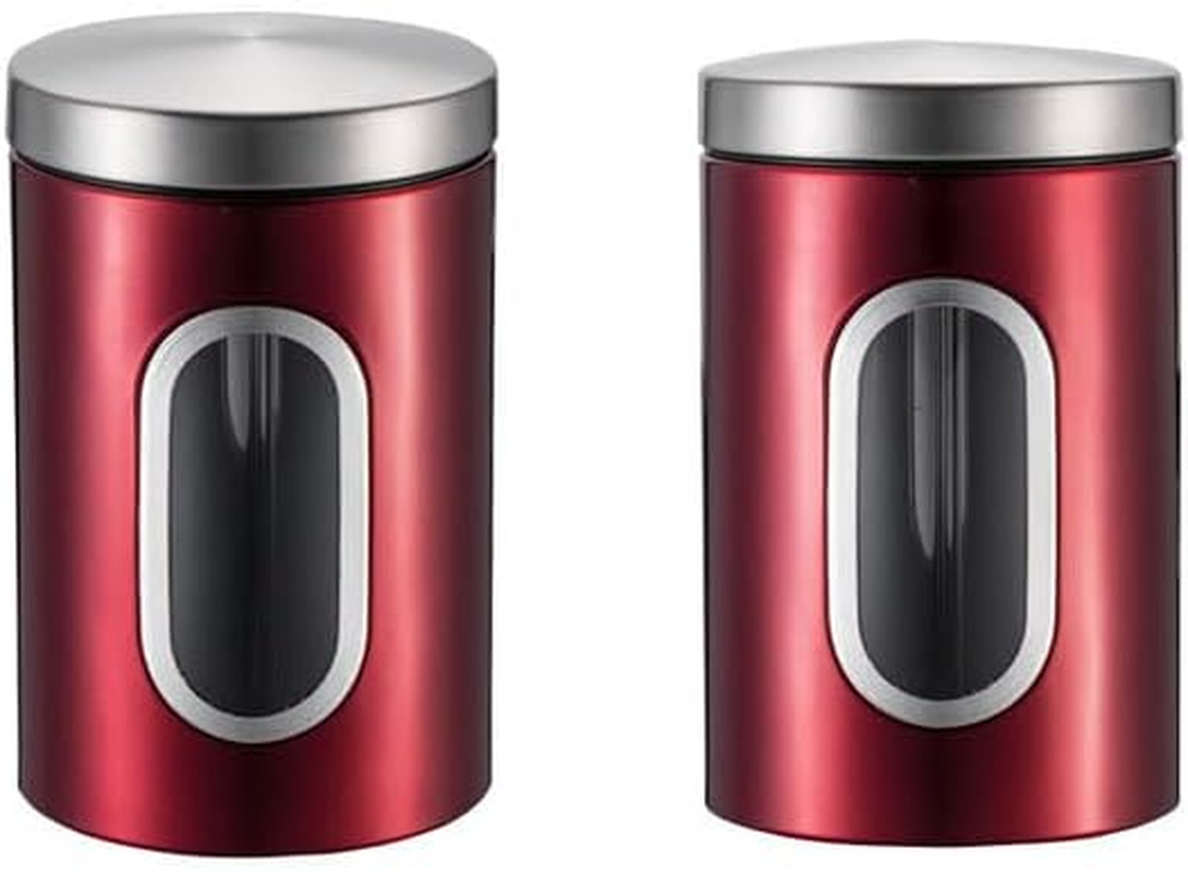 Tea Coffee Sugar Jar 1500Ml Kitchen Canister Set 3Pcs Stainless Steel Red view 2