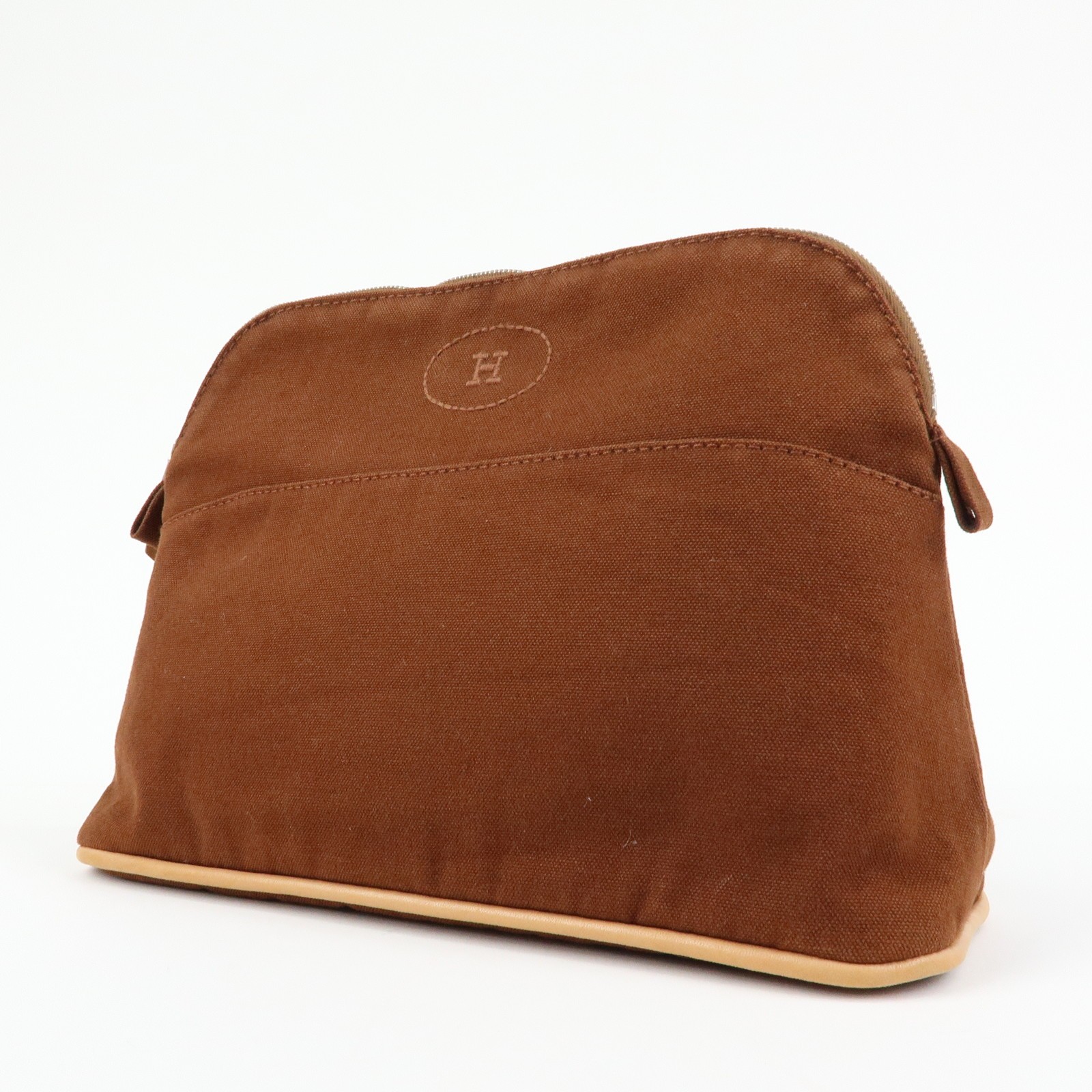 HERMES Bolide MM Cotton Leather Cosmetic Pouch Brown Beige Authentic Used F/S thumbnail 3