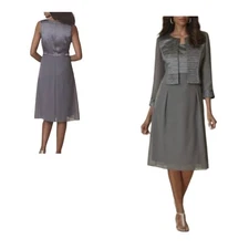 size 16 Gray Georgette Satin MIDNIGHT VELVET Formal Cocktail Jacket Dress Suit