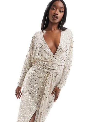 Asos Midi Sequin Dress With Batwing Sleeve And Wrap Waist Size 12 RRp £69,99 - Picture 6 of 8