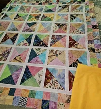 Unfinished Colorful Hourglass Patchwork Quilt Top 52" X 52" & Extra Fabric 2.25Y