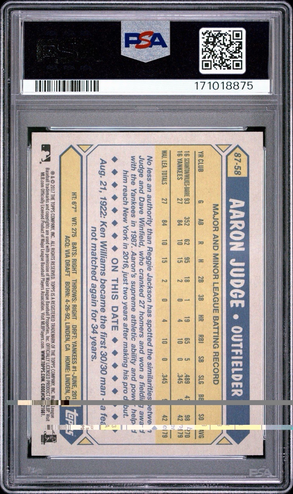 2017 Topps 1987 Topps Aaron Judge #87-58 PSA 10 view 2