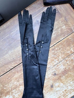 Vintage French Black Stretch Matte Satin 24'' Opera Mousquetaire Evening Gloves