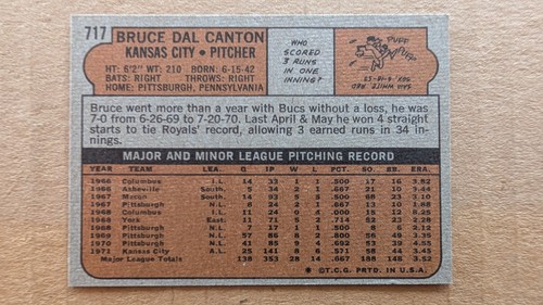 1972 Topps BRUCE DAL CANTON Card #717 KANSAS CITY ROYALS - Picture 2 of 2